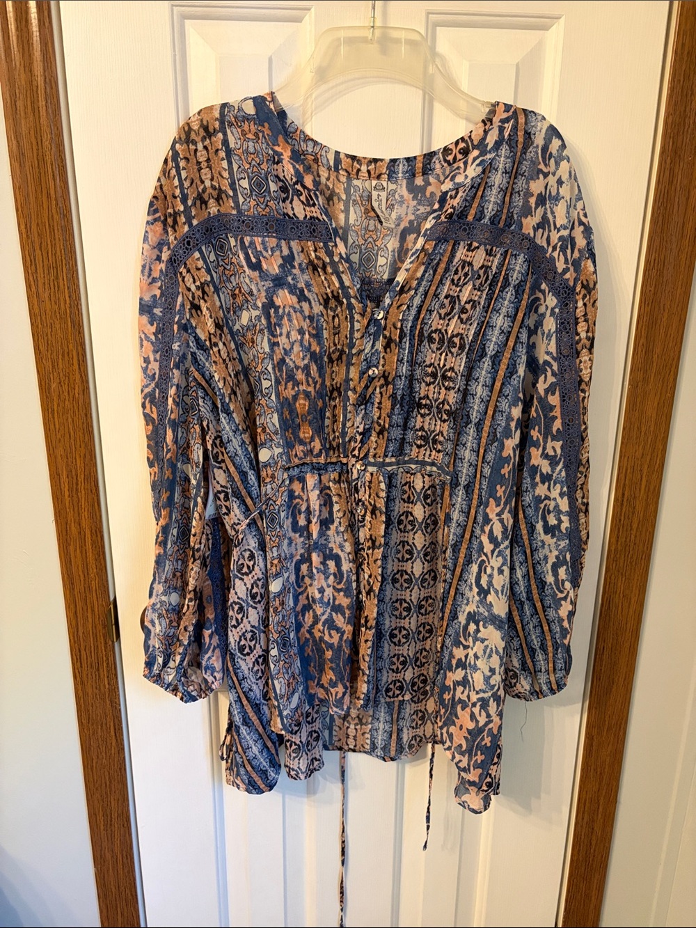 American Rag Blue and Peach Mixed Print Tunic Blouse